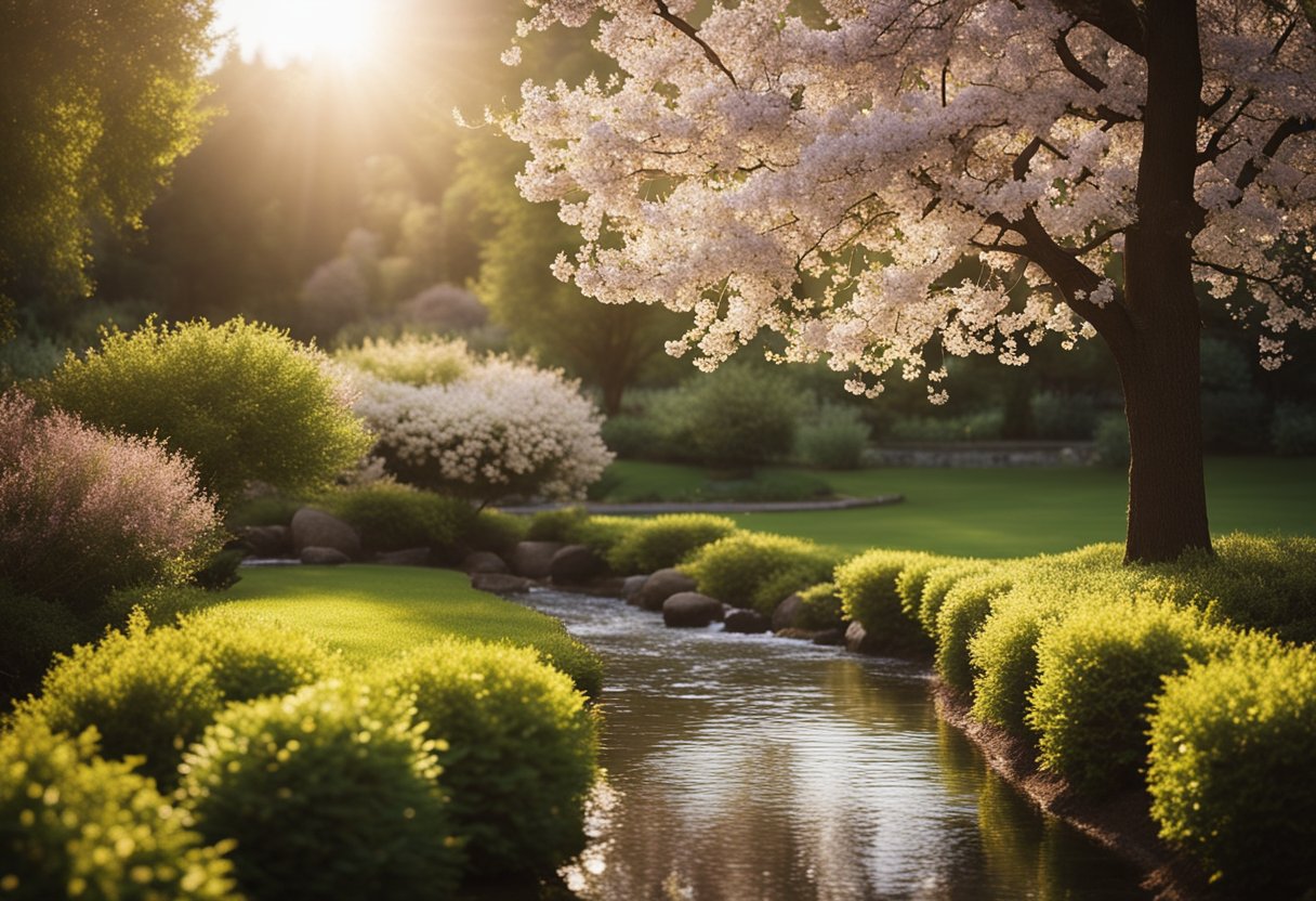 A peaceful, sunlit garden with a blooming tree and a small stream, symbolizing faith and spirituality